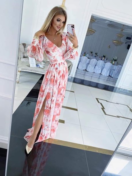 Sukienka długa długi rękaw kwiaty biel/pomarańcz