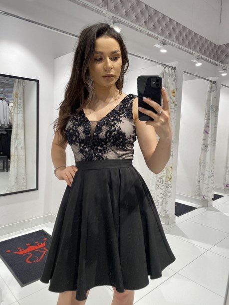 Sukienka krótka dekolt siateczka czarny/beż