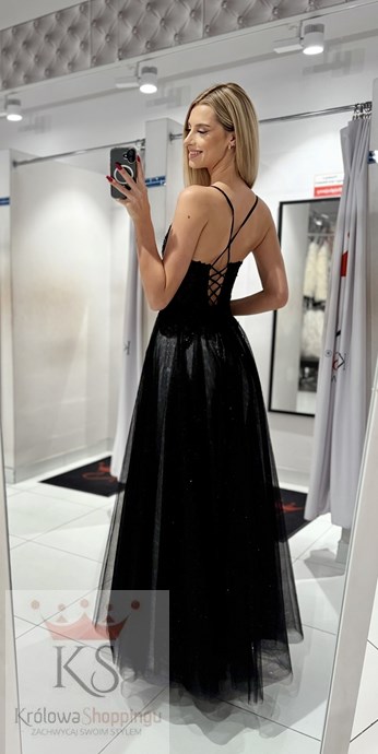 Sukienka długa tiul gorset ozdoby brokat cz/srebro