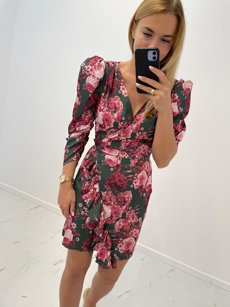 Sukienka krótka długi rękaw falbany kwiaty zieleń