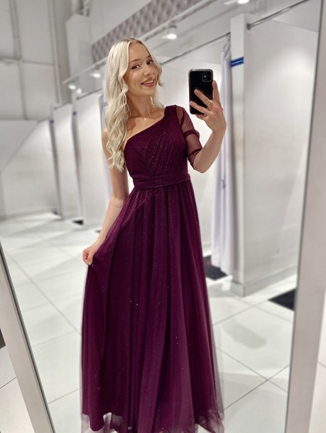 Sukienka długa jedno ramię tiul brokat fiolet