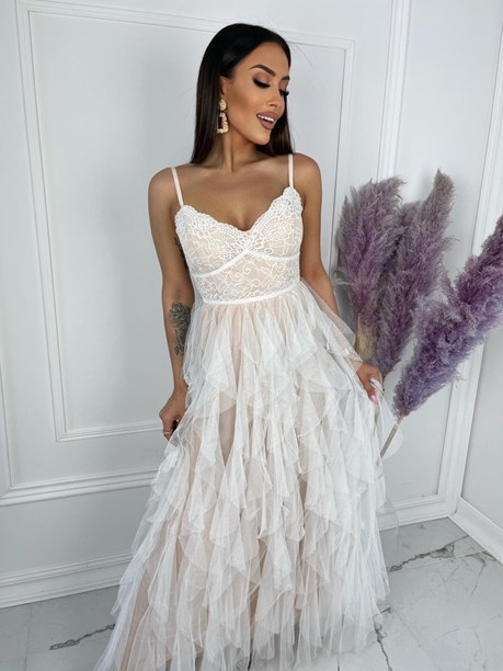 Sukienka długa ramiączka koronka tiul biel/beż