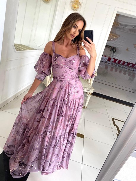 Sukienka długa szyfon doczepiany rękaw jagoda