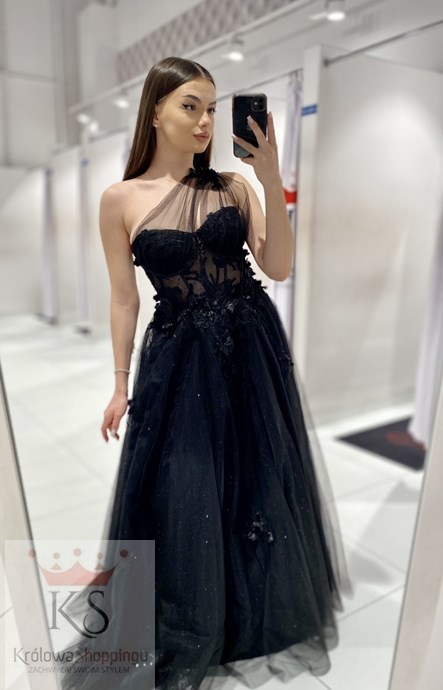 Sukienka długa asymetria tiul brokat czerń