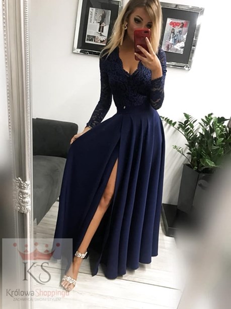 Sukienka długa miękki rękawek granat