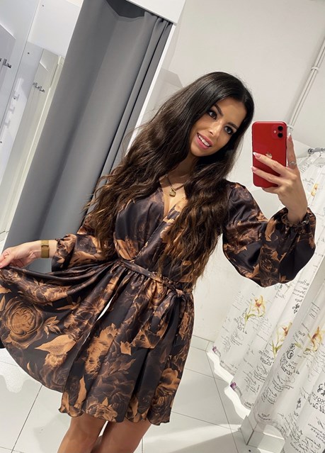 Sukienka krótka długi rękaw brązowe kwiaty czerń