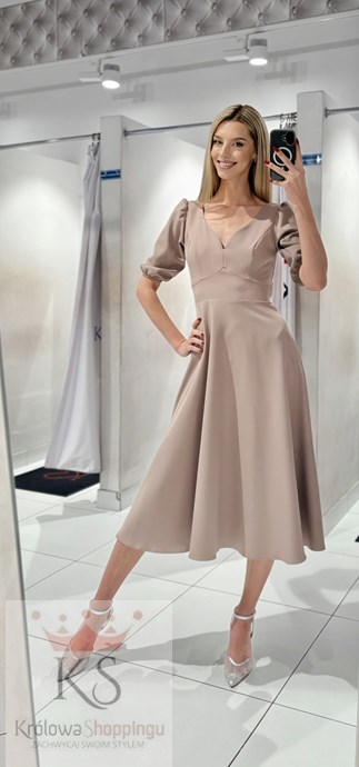 Sukienka midi rękawek 3/4 pas wiązanie cappuccino