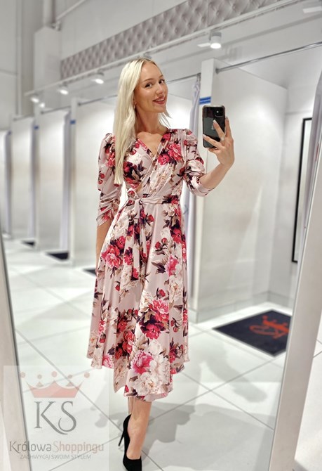 Sukienka midi koszulowa długi rękaw print kwiaty