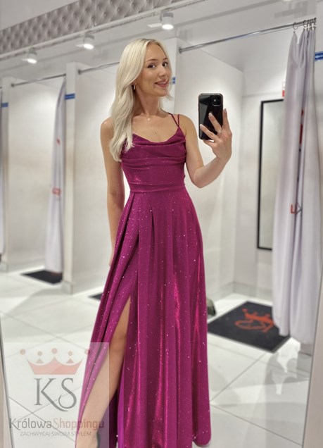 Sukienka długa wiązanie plecy brokat fuksja