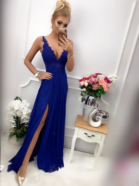 Sukienka długa V dekolt odkryte plecy chaber