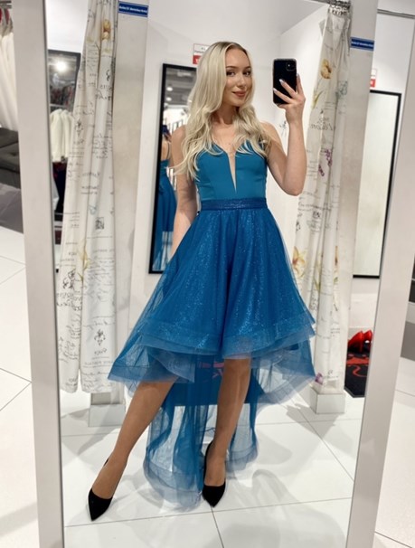 Sukienka asymetryczna ramiączka dekolt turkus