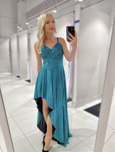 Sukienka asymetryczna zakładana pas brokat turkus