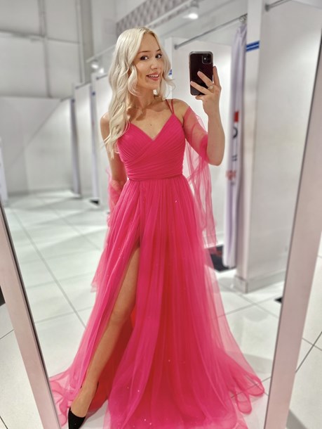 Sukienka długa tiulowa gorset ramiączka magenta