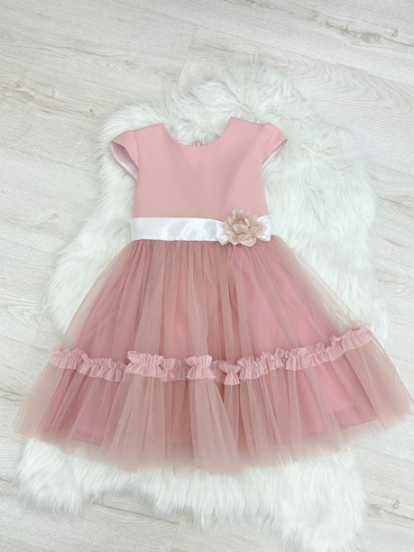 Sukienka dziecięca zdobiony tiul kwiat wstęga róż