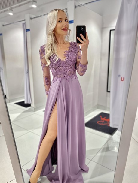 Sukienka długa rękaw zdobienie haft lawenda