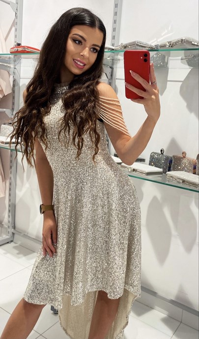 Sukienka asymetryczna ramiona koraliki cekin złoto