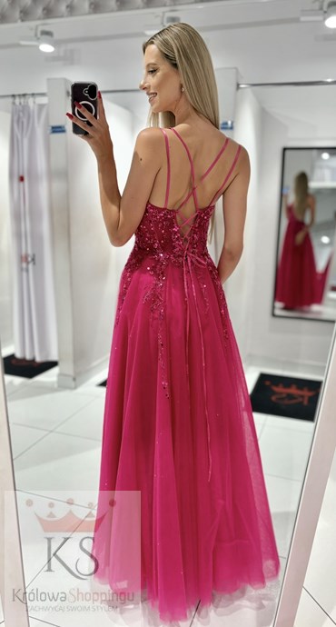 Sukienka długa gorset tiul brokat fuksja