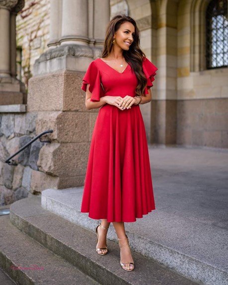 Sukienka midi falbana rękaw brokat czerwony