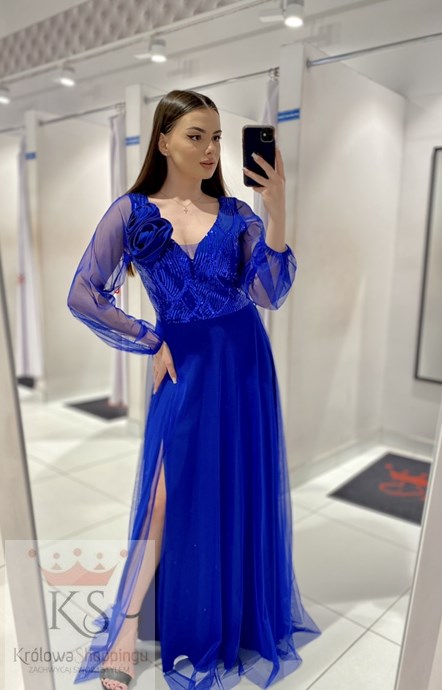 Sukienka długa cekiny tiul rękawy róże chaber