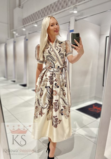Sukienka midi wiązanie orientalny print beż