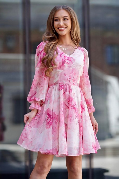 Sukienka krótka szyfon kwiaty róż