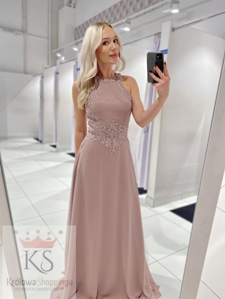 Sukienka długa zdobienie szyja kawa