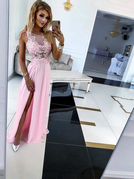 Sukienka długa odkryte plecy koronka góra róż