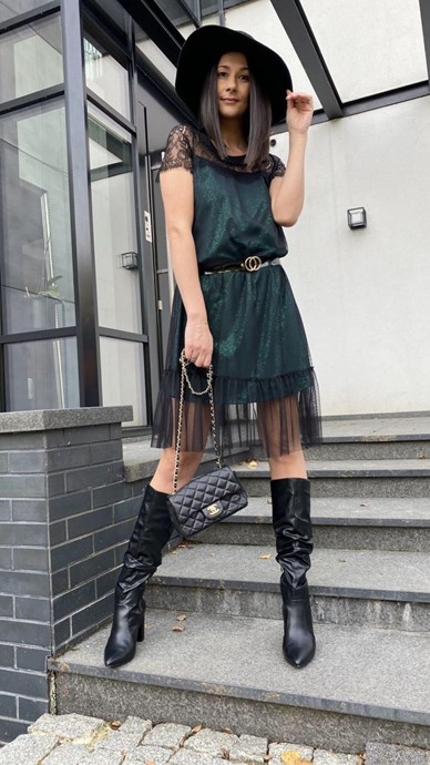 Sukienka krótka koronka tiul czerń/zieleń