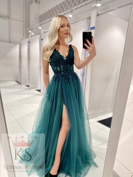 Sukienka długa tiulowa gorset koronka zieleń