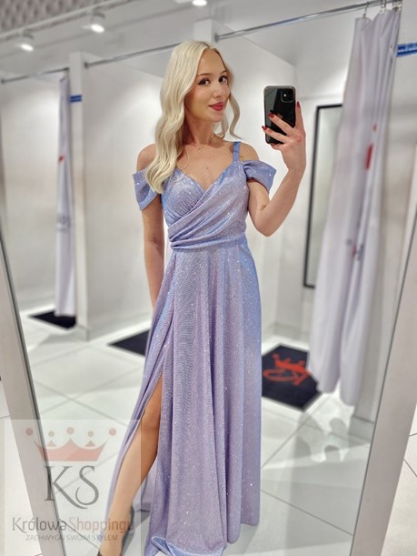 Sukienka długa opadające ramiona brokat holo/róż