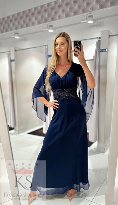 Sukienka długa rękawek motyl granat