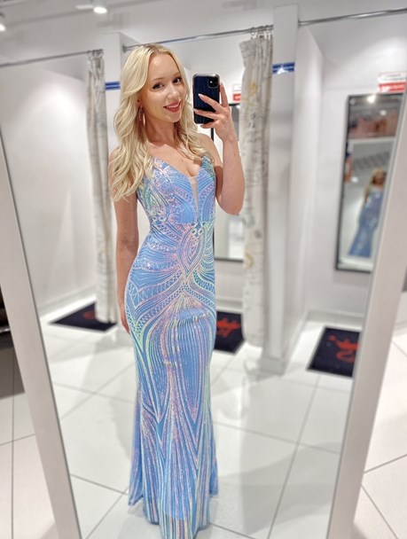 Sukienka długa ramiączka cekin siatka błękit holo