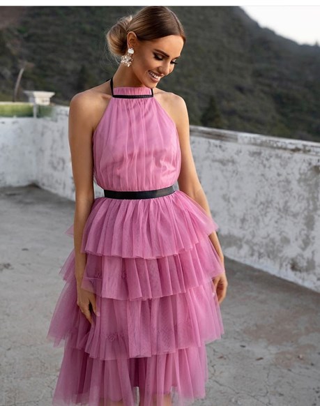 Sukienka midi tiul plecy falbany wrzos