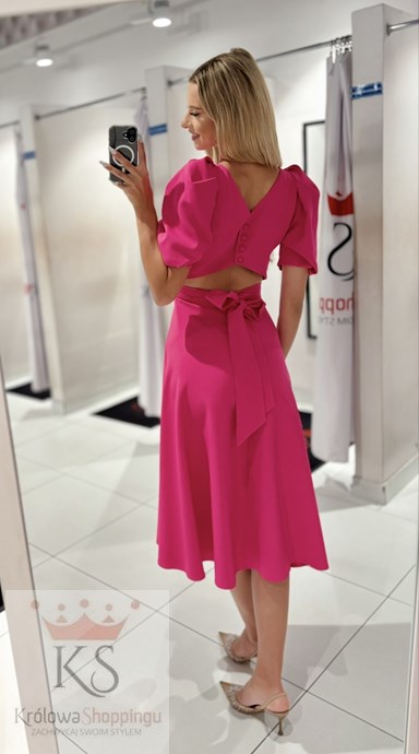 Sukienka midi guziki plecy rękawek wiązanie malina