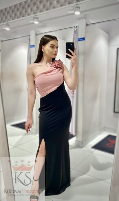 Sukienka długa asymetria ozdoba róż/czerń