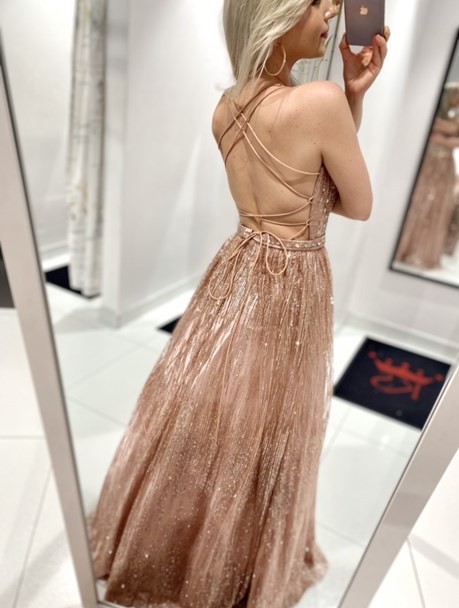 Sukienka długa wiązanie brokat kryształki róż