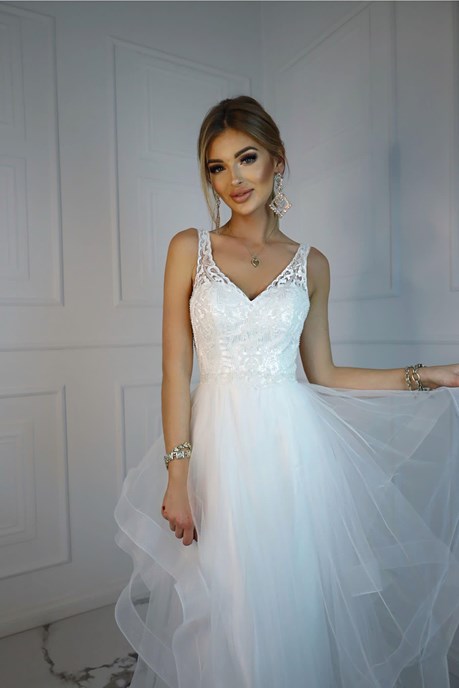 Sukienka długa asymetria zdobiona góra biel