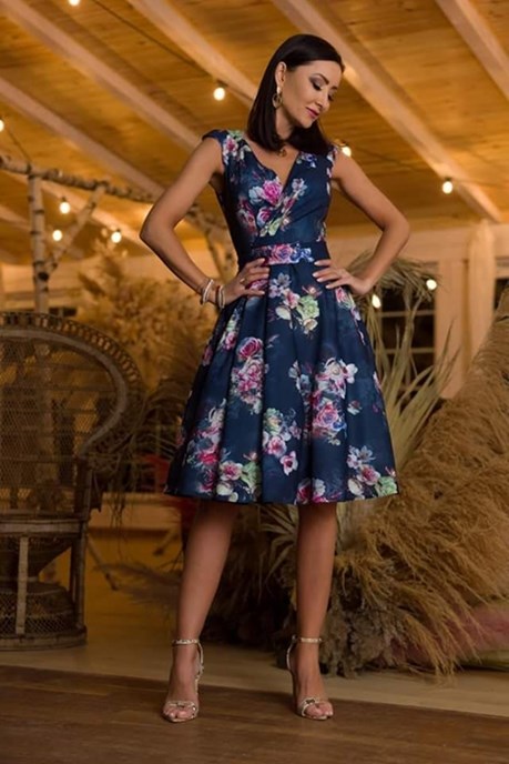 Sukienka midi dekolt zakładka kwiaty granat