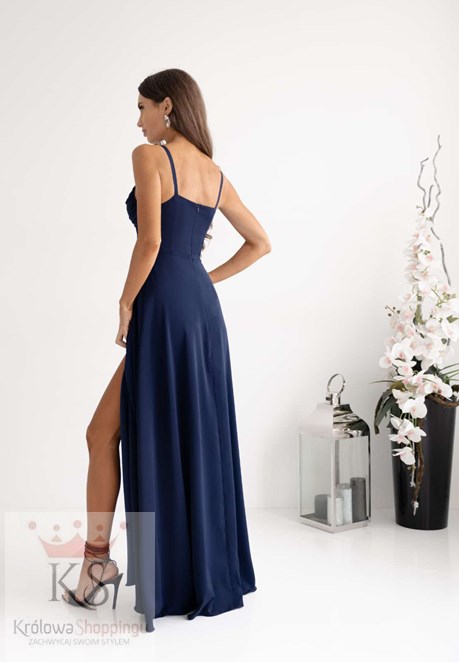 Sukienka długa ramiączka dekolt marszczenie granat