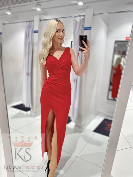 Sukienka długa grube ramiączka błyszcząca czerwień