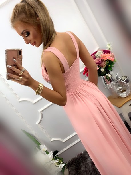 Sukienka długa z ozdobą z kamieniami róż