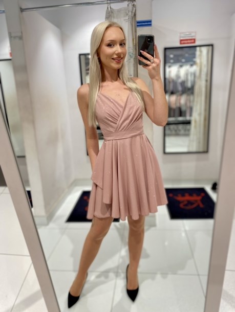 Sukienka krótka ramiączka falbanka brokat róż