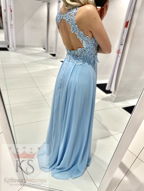 Sukienka długa odkryte plecy koronka góra błękit