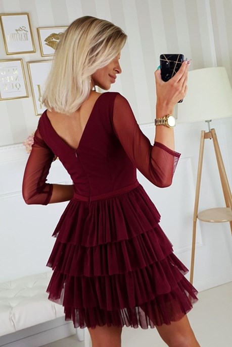 Sukienka krótka falbany tiul bordo