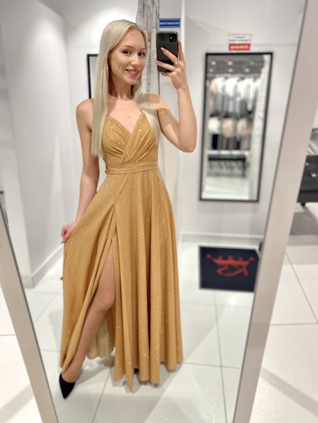 Sukienka długa na ramiączkach brokat miedziany