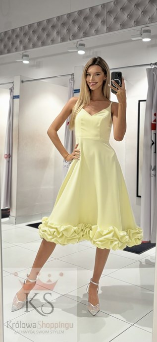 Sukienka midi ramiączka falbana cytryna