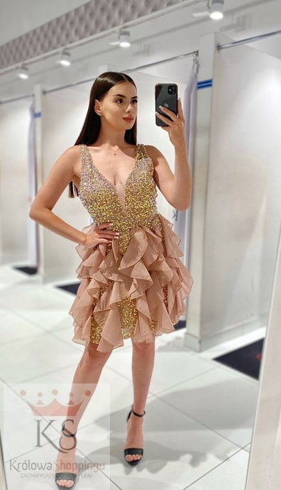 Sukienka krótka cekiny falbany holo brąz