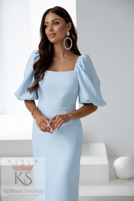 Sukienka midi 3/4 rękawek dopasowana błękit