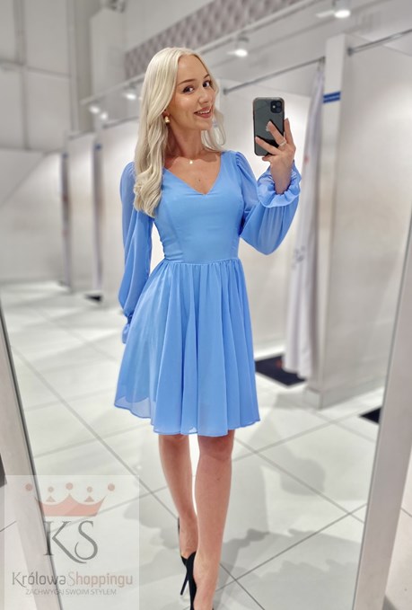 Sukienka krótka rękaw połysk błękit