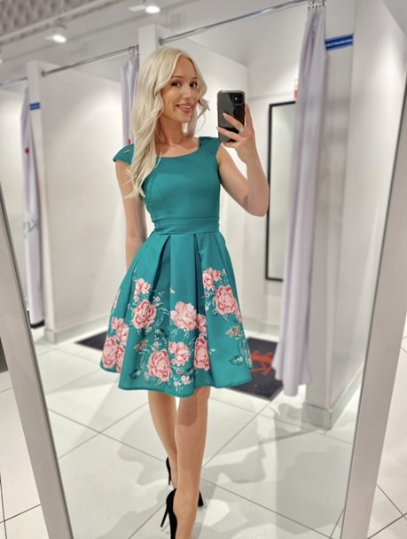 Sukienka krótka klosz kwiaty dół ciemna zieleń/róż